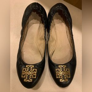 Tory Burch Gold Logo Melinda Black Leather Flat, worn